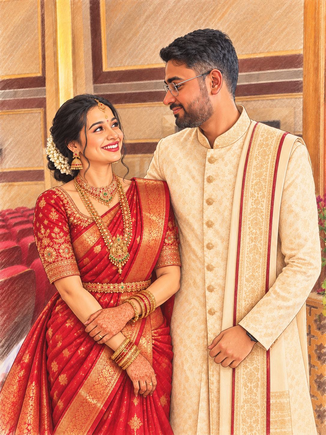 Dheeraj in a cream sherwani and Nikshi in a red silk saree, smiling at each other